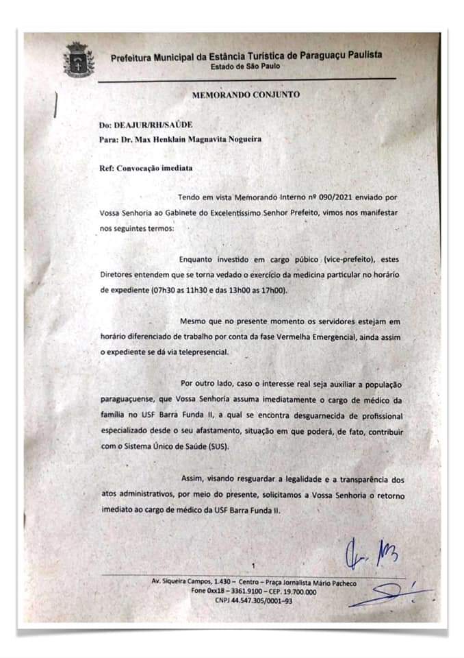 Vice-prefeito publica memorando interno da prefeitura que o obriga a retornar ao seu cargo de Médico.