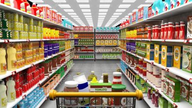 depositphotos 96370306 stock photo supermarket interior shelves with various