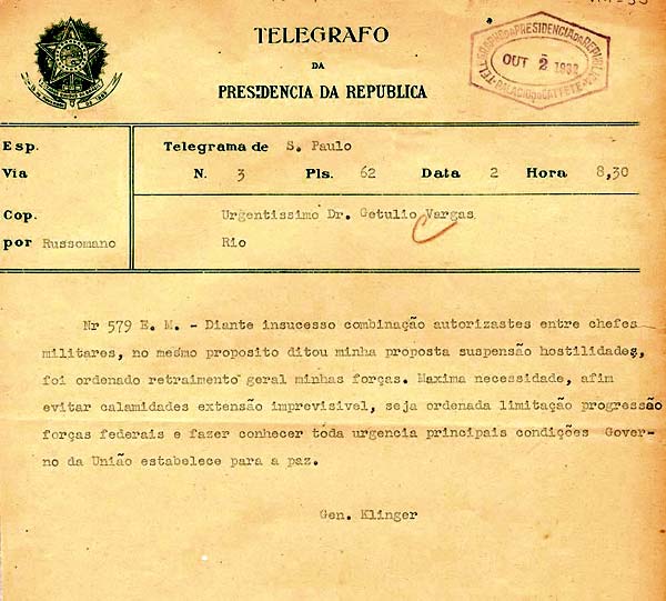 Telegrama relatando o fim das hostilidades.