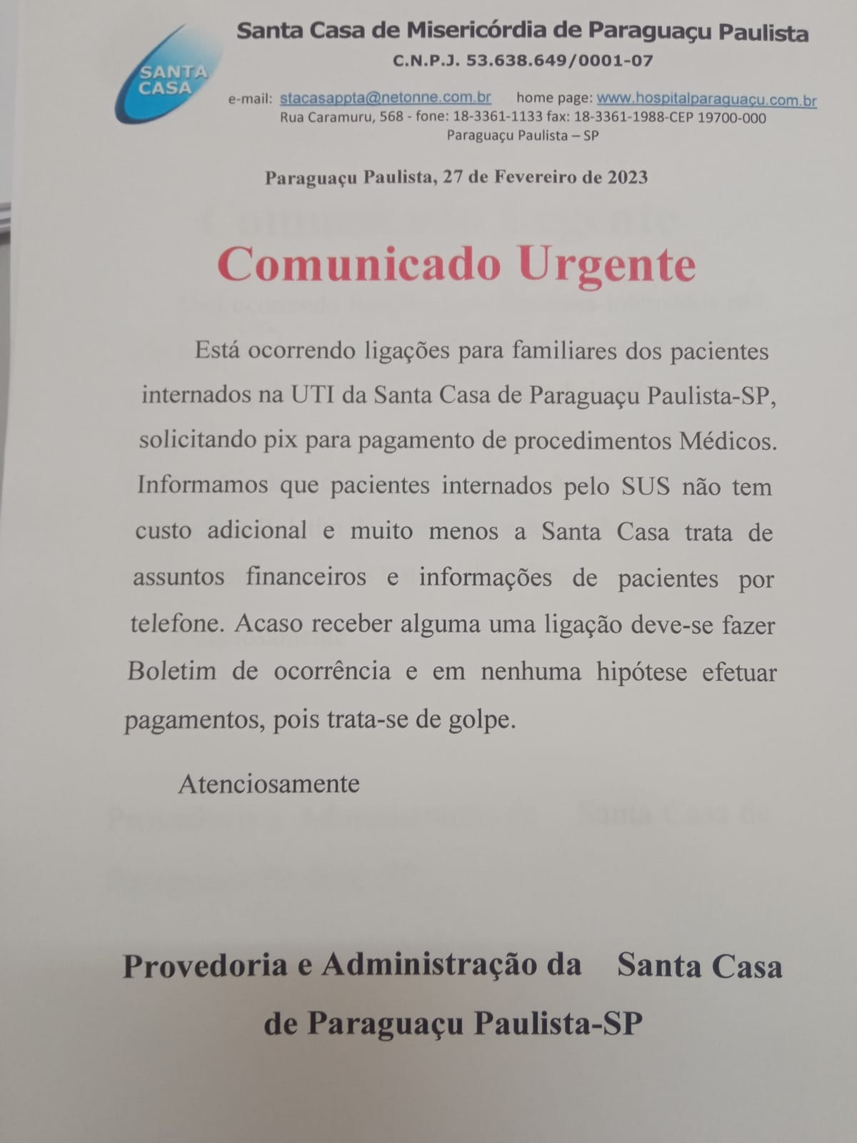 Comunicado Urgente: Cuidado com golpes de solicitação de pix na Santa Casa de Paraguaçu Paulista-SP