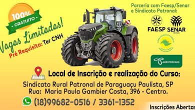 O Sindicato Rural e Patronal de Paraguacu Paulista esta oferecendo cursos gratuitos