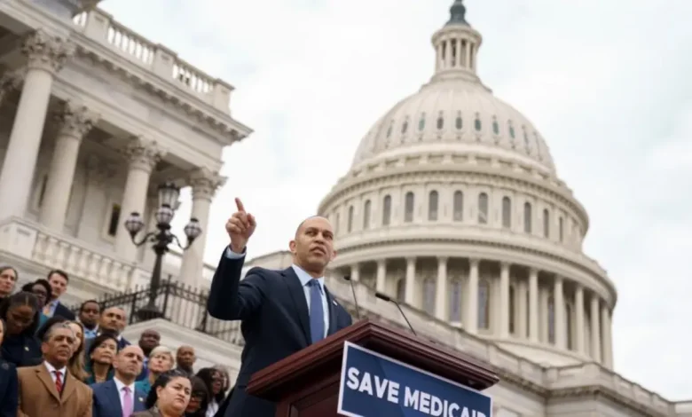 O líder da minoria na Câmara dos Representantes EUA, Hakeem Jeffries, discursa contra o plano fiscal de Trump, criticando a política fiscal e a falta de compromisso com a redução da desigualdade econômica, apresentando dados e estatísticas para comprovar suas afirmações.