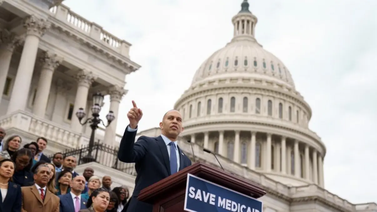 O líder da minoria na Câmara dos Representantes EUA, Hakeem Jeffries, discursa contra o plano fiscal de Trump, criticando a política fiscal e a falta de compromisso com a redução da desigualdade econômica, apresentando dados e estatísticas para comprovar suas afirmações.