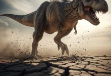 Dinossauro rachando o chão, simbolizando a força da opinião pública e a revolta popular no Brasil