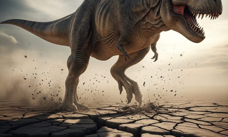 Dinossauro rachando o chão, simbolizando a força da opinião pública e a revolta popular no Brasil