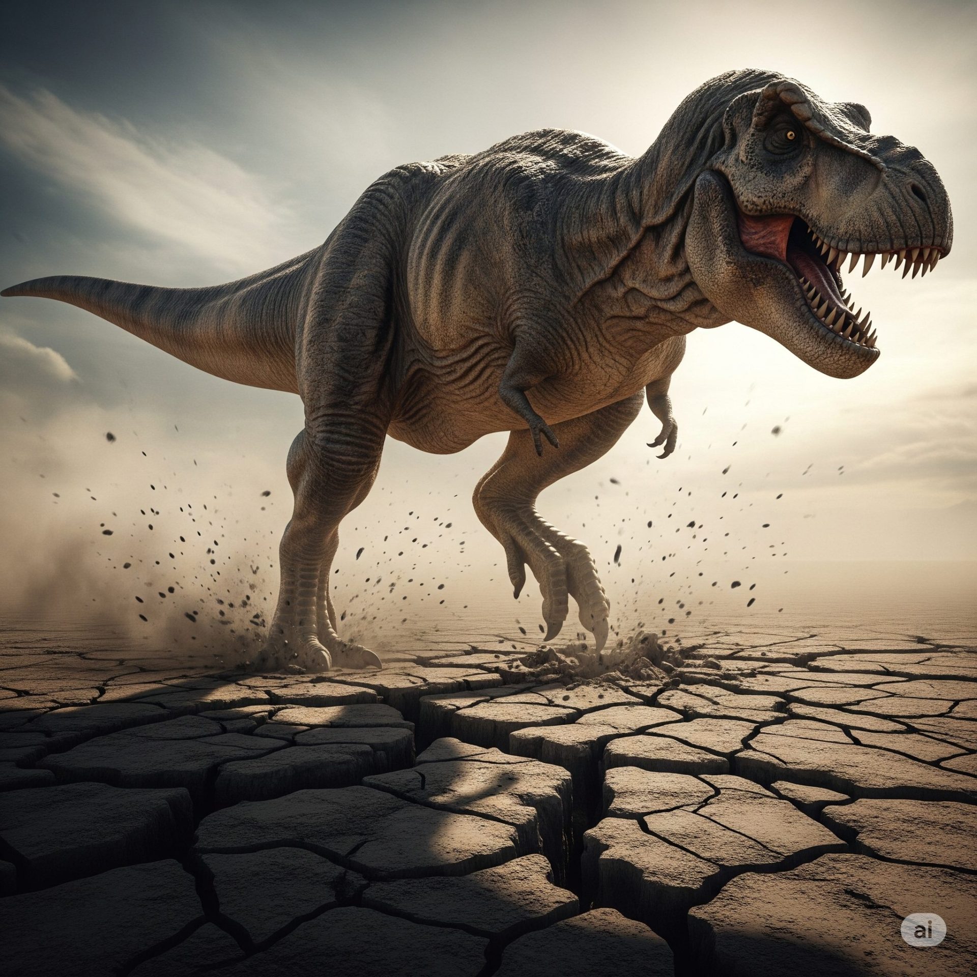 Dinossauro rachando o chão, simbolizando a força da opinião pública e a revolta popular no Brasil