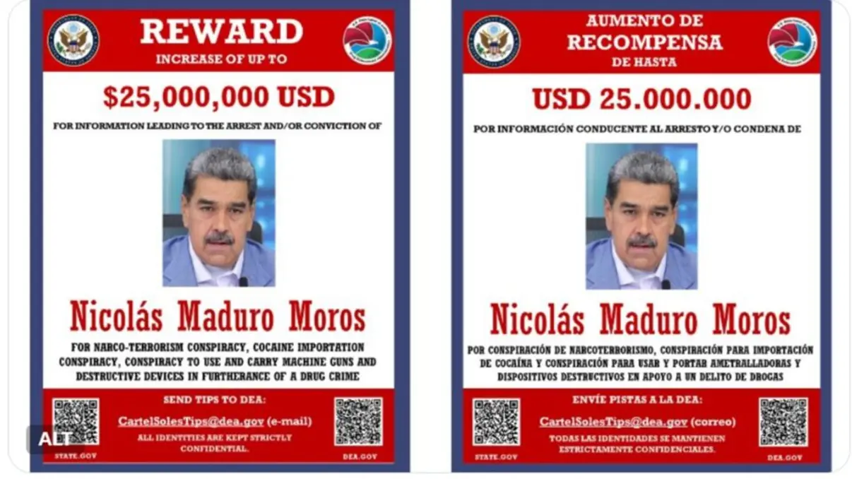 A DEA aumenta recompensa para US$ 25 milhões por informações que levem à prisão de Maduro, Cabello e Padrino López, acusados de pertencer ao Cartel de Los Soles.