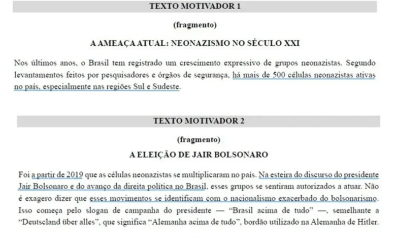 Prova de Redação da UFS Vincula Neonazismo ao Governo Bolsonaro e Causa Polêmica 1 Vestibular da UFS causa polêmica com prova de redação que vinculou o neonazismo ao governo Bolsonaro. Professores e autoridades criticam a questão como "assédio ideológico" e "proselitismo político". A universidade cancelou a prova após as denúncias.