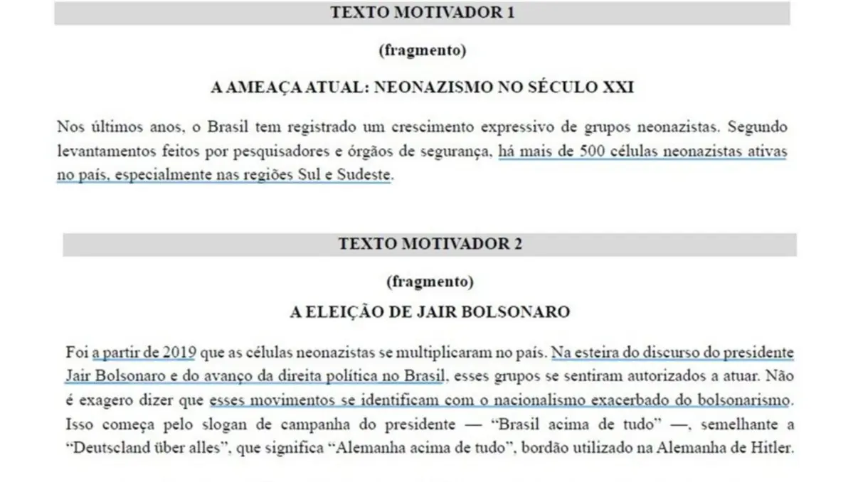 Vestibular da UFS causa polêmica com prova de redação que vinculou o neonazismo ao governo Bolsonaro. Professores e autoridades criticam a questão como "assédio ideológico" e "proselitismo político". A universidade cancelou a prova após as denúncias.