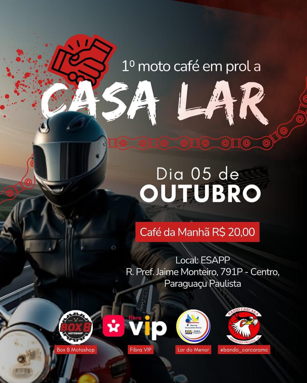 O 1o Moto Cafe de Paraguacu Paulista acontece no dia 5 de outubro na ESAPP. O evento une a paixao por motos e solidariedade em prol da Casa Lar