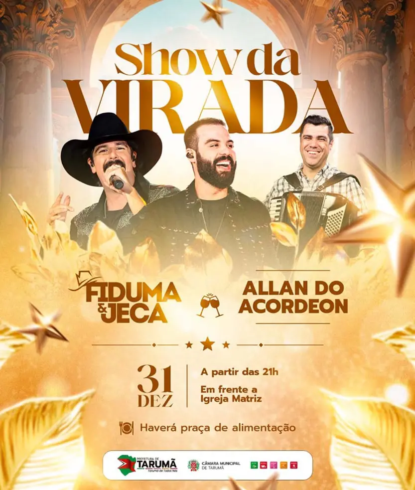 Tarumã Celebra 2026 com Grande Show da Virada na Matriz 6 Tarumã prepara festa espetacular para o Ano Novo 2026! Fiduma & Jeca e Allan do Acordeon animam o Show da Virada em frente à Igreja Matriz. Imperdível!
