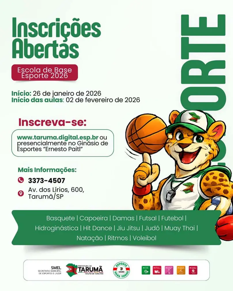 Tarumã/SP abriu inscrições para a Escola de Base Esporte, com diversas modalidades como Basquete, Natação e Judô. Garanta a vaga para o desenvolvimento de crianças e jovens.