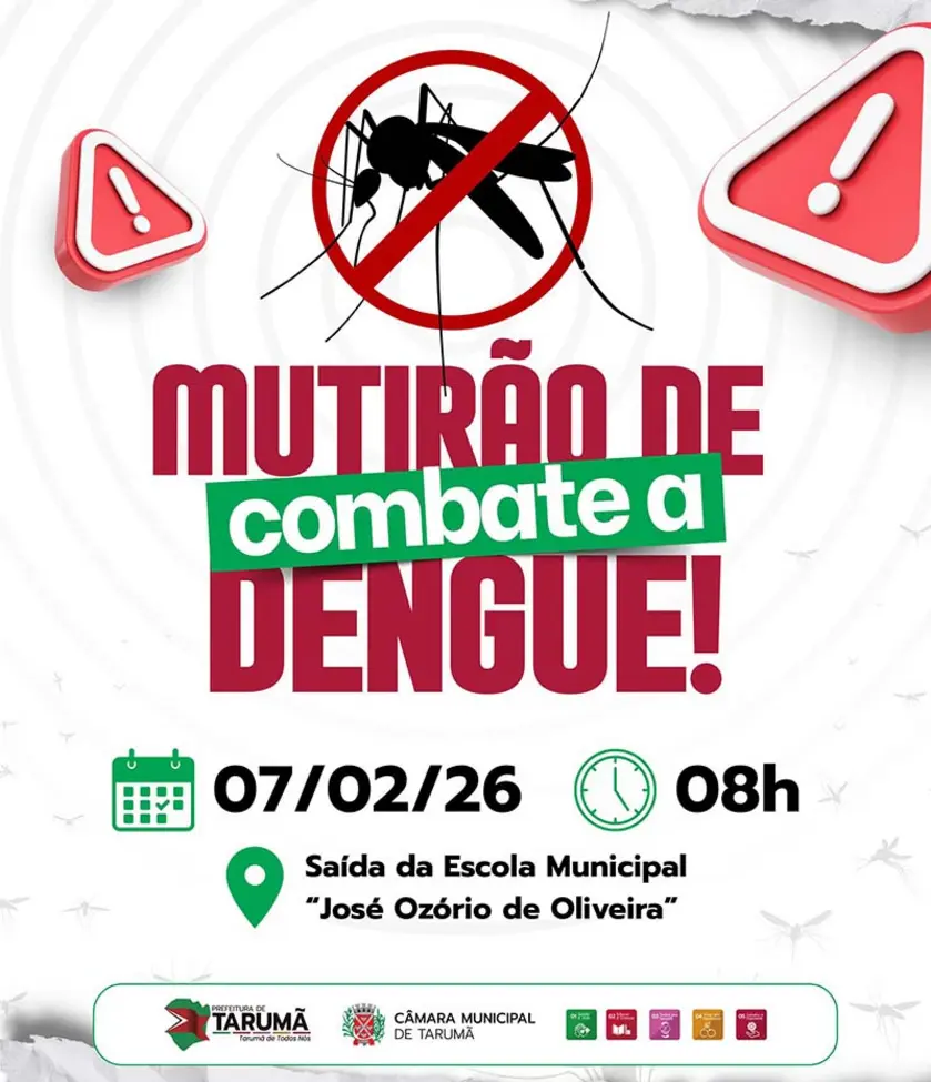 Tarumã realiza mutirão de combate à dengue em 7 de fevereiro, mobilizando a comunidade para eliminar focos do Aedes aegypti e proteger a saúde pública. Saiba mais.