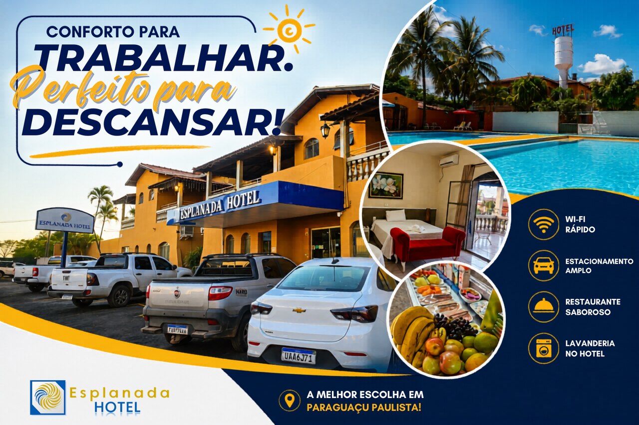 Onde Ficar em Paraguaçu Paulista: O Guia Definitivo sobre Hospedagem Corporativa e Lazer no Esplanada Hotel 6 Arte gráfica do Esplanada Hotel com o texto principal "Conforto para trabalhar. Perfeito para descansar!". A imagem exibe quatro fotos: a área de piscinas com borda amarela e a torre branca da caixa d'água ao fundo, o interior de um quarto com cama de casal e ar-condicionado, uma mesa de café da manhã farta com frutas frescas e frios, e o amplo estacionamento na fachada do hotel com várias caminhonetes paradas. Na lateral direita, ícones destacam os serviços: Wi-Fi rápido, Estacionamento amplo, Restaurante saboroso e Lavanderia no hotel. No rodapé está o logotipo do Esplanada Hotel e a frase "A melhor escolha em Paraguaçu Paulista!".