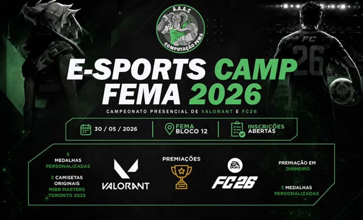 A Fundação Educacional do Município de Assis (FEMA) sediará em 30 de maio de 2026 o 2º Campeonato Presencial de E-Sports, com disputas de FIFA e Valorant. O evento integra tecnologia e competição, com inscrições abertas e entrada gratuita para o público.