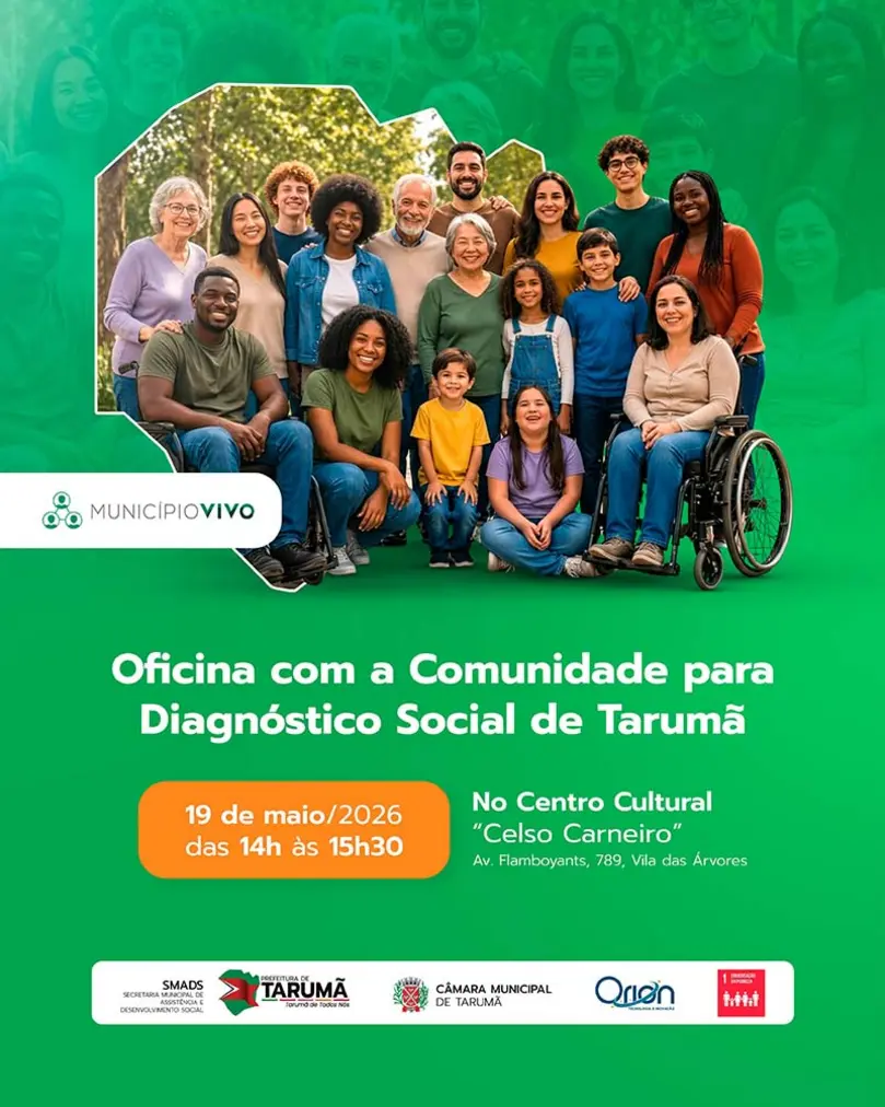 Tarumã sediará uma oficina vital para apresentar e debater seu Diagnóstico Social em 19/05/2026. Participe ativamente e ajude a moldar o futuro do município.