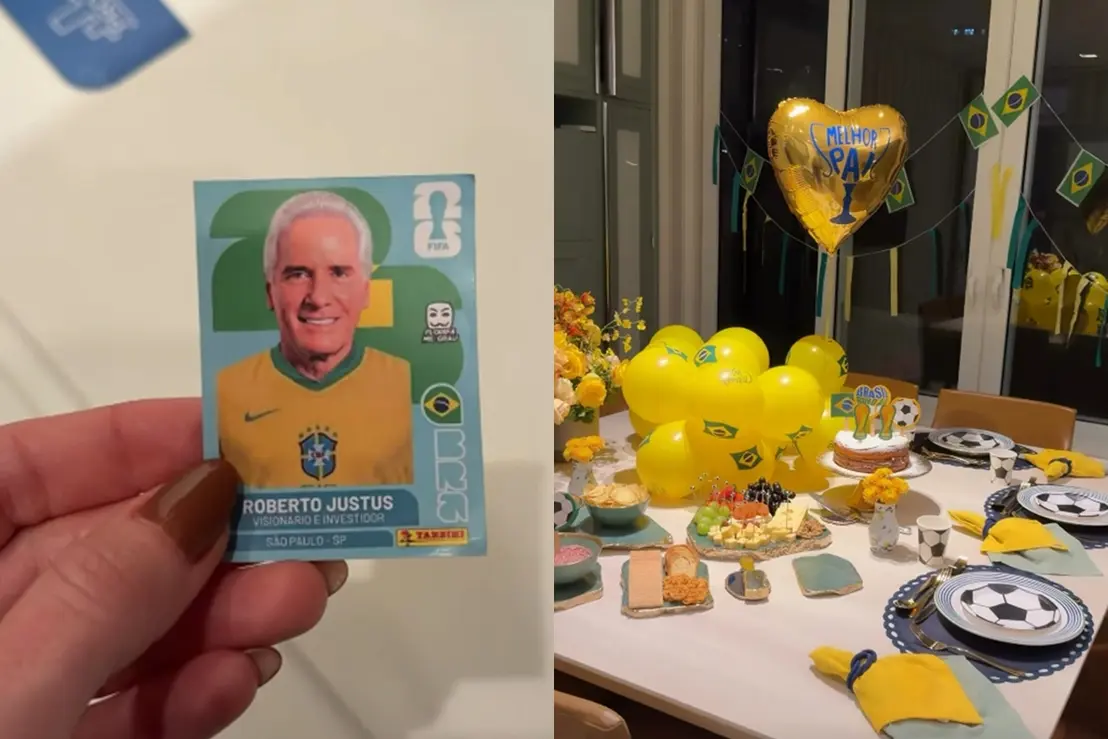 Roberto Justus ganha festa temática da Copa do Mundo 2026 6 O empresário Roberto Justus foi surpreendido com uma festa inspirada na Copa do Mundo 2026, com direito a taça personalizada e decoração exclusiva.