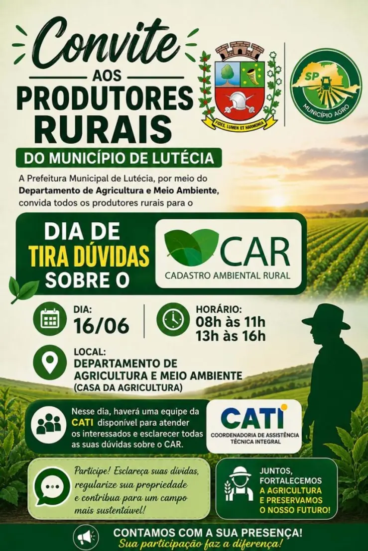 Lutécia Promove Mutirão do CAR: Regularização Rural Facilitada 6 Produtores rurais de Lutécia terão suporte especializado no Mutirão do CAR em 16 de junho. Esclareça dúvidas e regularize sua propriedade ambientalmente com o apoio da Prefeitura e CATI.