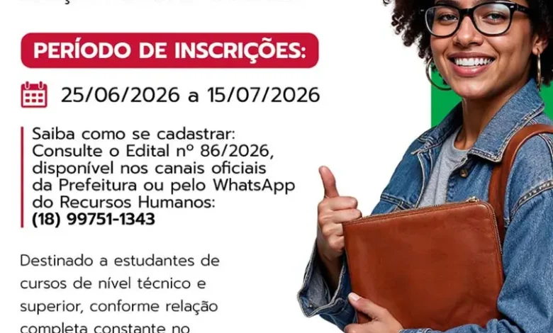 A Prefeitura de Tarumã abriu inscrições para o processo seletivo de estágio em 2026, com vagas para estudantes de ensino técnico e superior da região. Garanta sua chance de experiência na administração pública. Inscreva-se já!