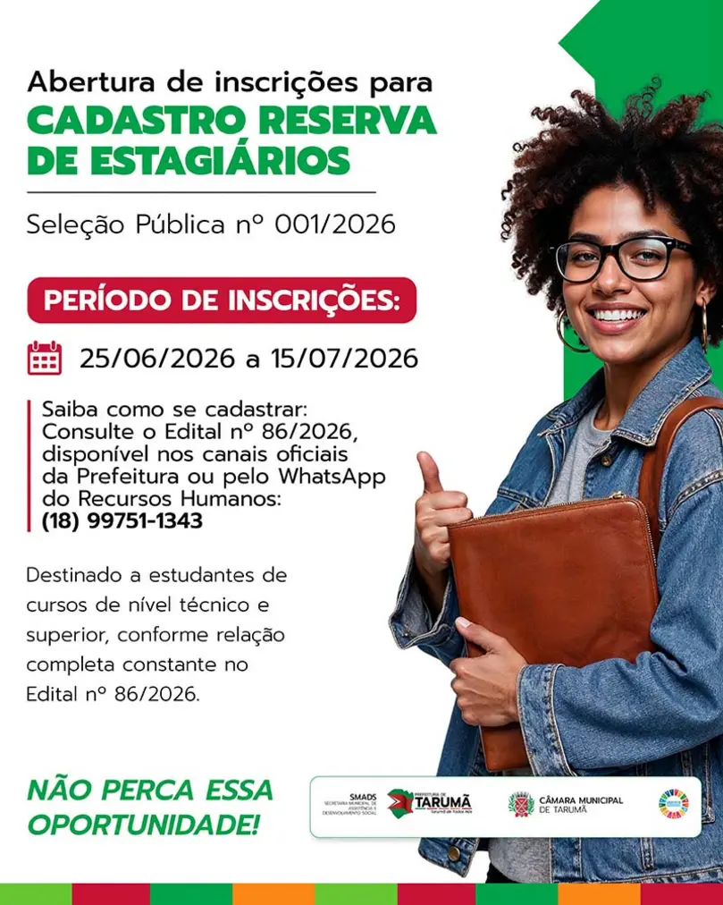 A Prefeitura de Tarumã abriu inscrições para o processo seletivo de estágio em 2026, com vagas para estudantes de ensino técnico e superior da região. Garanta sua chance de experiência na administração pública. Inscreva-se já!
