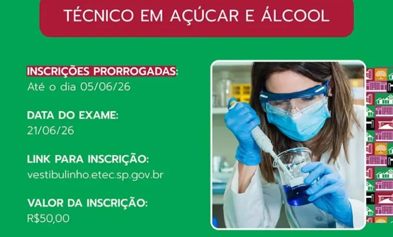 Moradores de Tarumã e região têm nova chance de qualificação profissional. Inscrições abertas para o curso Técnico em Açúcar e Álcool da ETEC, com prova em 21/06/2026. Invista no seu futuro na indústria sucroenergética!