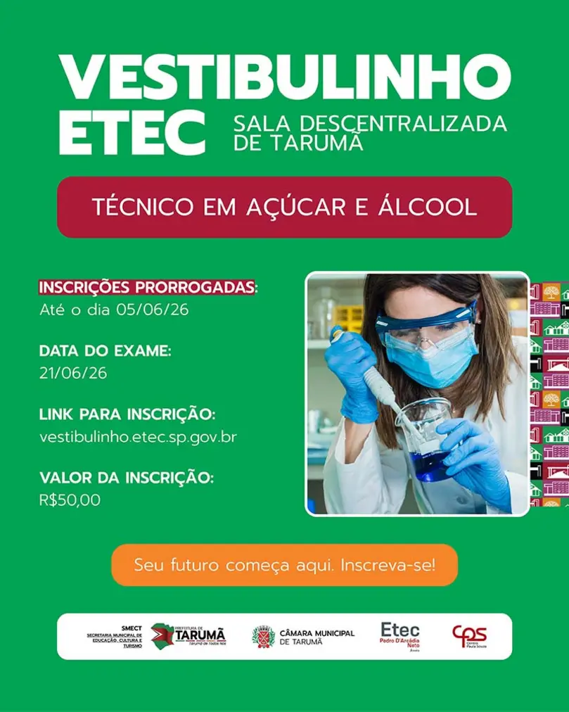 Moradores de Tarumã e região têm nova chance de qualificação profissional. Inscrições abertas para o curso Técnico em Açúcar e Álcool da ETEC, com prova em 21/06/2026. Invista no seu futuro na indústria sucroenergética!