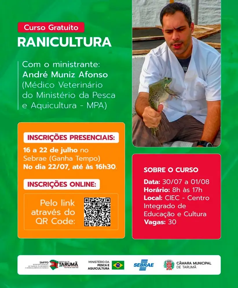 Tarumã oferece curso gratuito de criação de rãs 6 Oportunidade de capacitação: a cidade de Tarumã abre inscrições para curso gratuito de ranicultura. Aprenda técnicas de manejo e produção sustentável.