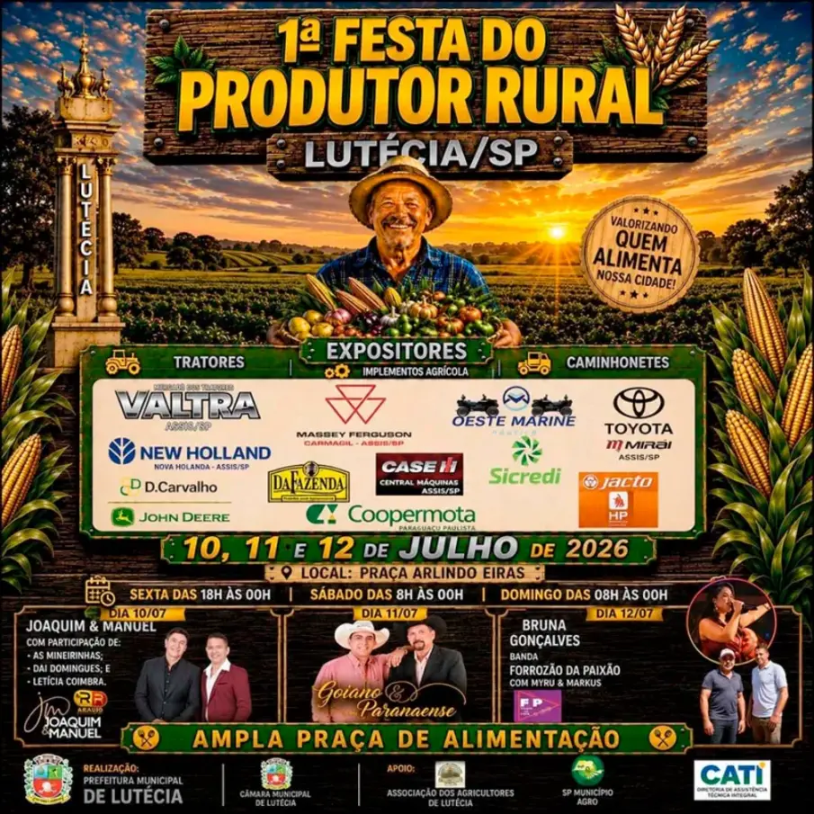 Lutécia Celebra a 1ª Festa do Produtor Rural com Shows e Gastronomia 6 Lutécia dá início à sua 1ª Festa do Produtor Rural nesta sexta-feira, celebrando a cultura agrícola regional com shows, gastronomia e muita integração.