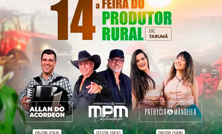 A 14ª Feira do Produtor Rural de Tarumã acontece entre os dias 6 e 8 de agosto, celebrando a economia local e o agronegócio da região.