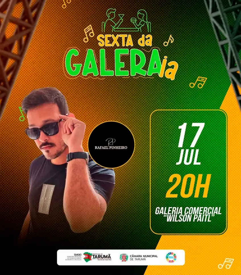 Rafael Pinheiro agita a Sexta da Galera em Tarumã 6 A cidade de Tarumã se prepara para mais uma edição da Sexta da Galera com o show de Rafael Pinheiro. Confira os detalhes desta grande noite de música.