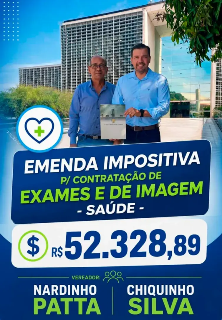 Vereadores de Florínea destinam R$ 52 mil em emendas impositivas para reforçar a oferta de exames de imagem e reduzir filas na rede municipal de saúde.