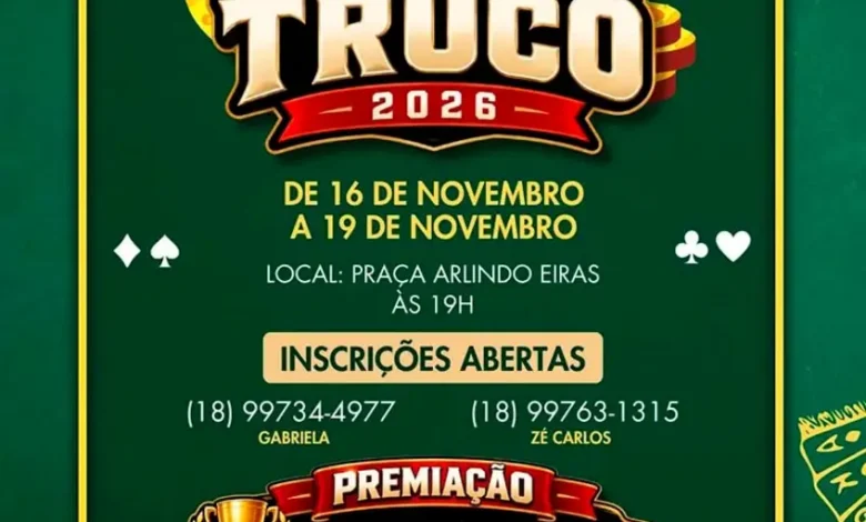Estão abertas as inscrições para o Campeonato de Truco em Lutécia. Garanta sua vaga, mostre suas habilidades e participe da competição local.