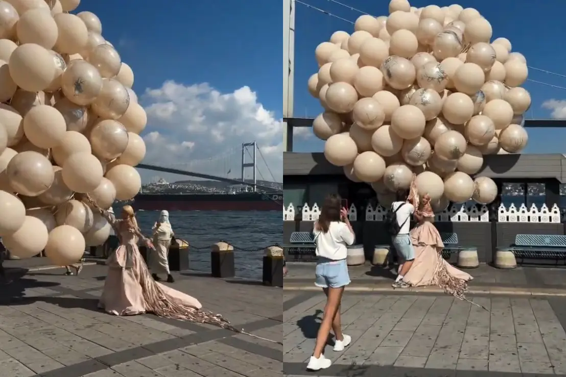 Noiva quase 'levanta voo' com balões de gás em ensaio 6 Um ensaio pré-wedding virou sensação na internet após uma noiva quase voar segurando um arranjo gigante de balões de hélio. Confira os detalhes!